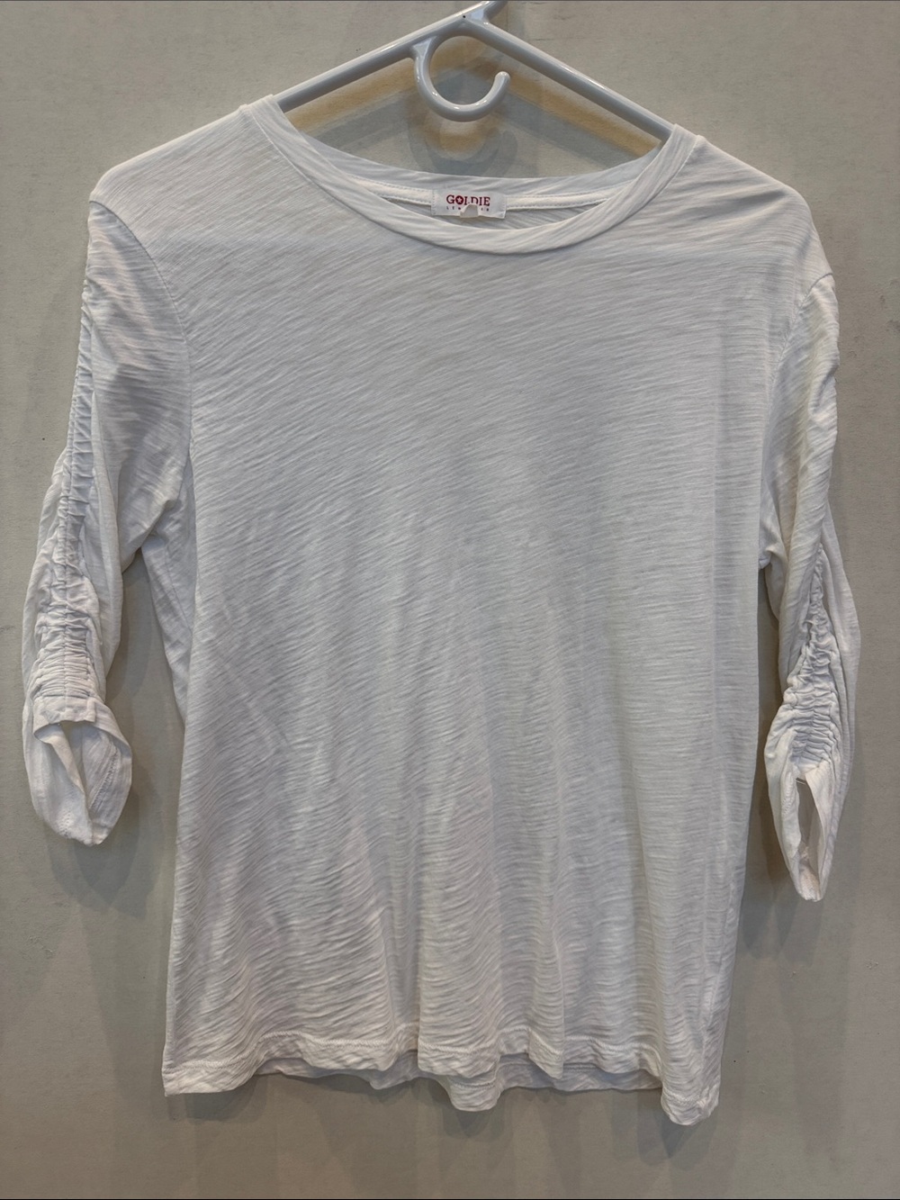 Goldie White Long Sleeve Ruched-Sleeve Crewneck Top